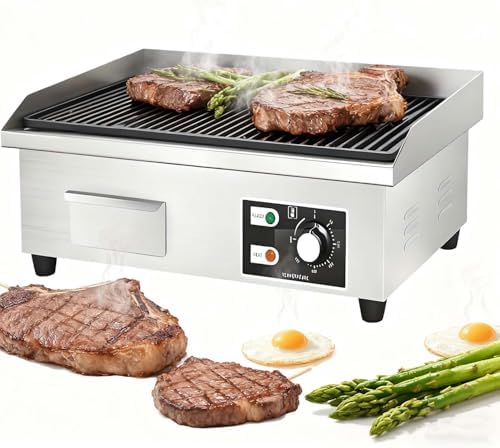 Commercial Electric Griddle, Stainless Steel Teppanyaki Flat Top Grill with Adjustable Thermostat 122-572°F, Non-Stick Surface, 3000W Countertop Cooking Appliance