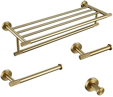 Brushed Gold Bathroom Accessories Set - Knurled Brass Towel Bar, Ring, Robe Hook, Toilet Brush Holder, Paper Holder, Stylish Shelf - Complete Luxury Home Décor