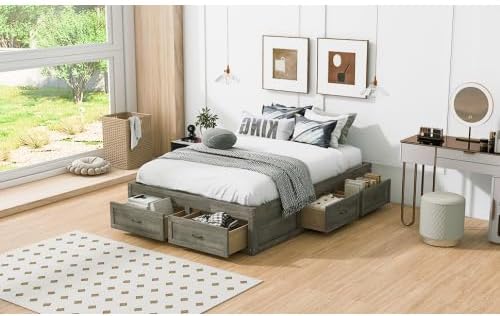 CITYLIGHT Full Size Platform Bed with 6 Drawers, Wooden Full Bed Frame with Storage and Wood Slat Support, Antique Grey