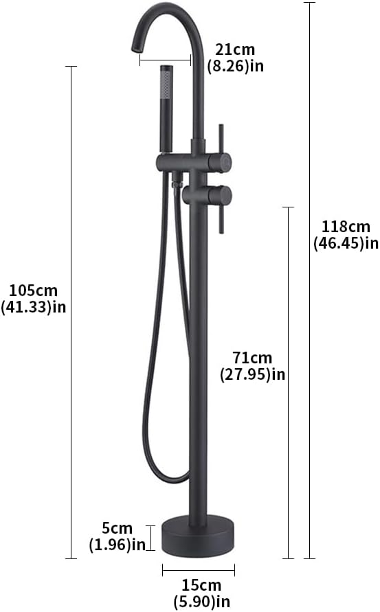 Floor Mount Bathtub Faucet, Freestanding Tub Filler, Standing Swivel Spout Shower Faucets Shower Mixer Taps with Cylinder Handheld Shower (Black, With Embedded Box)
