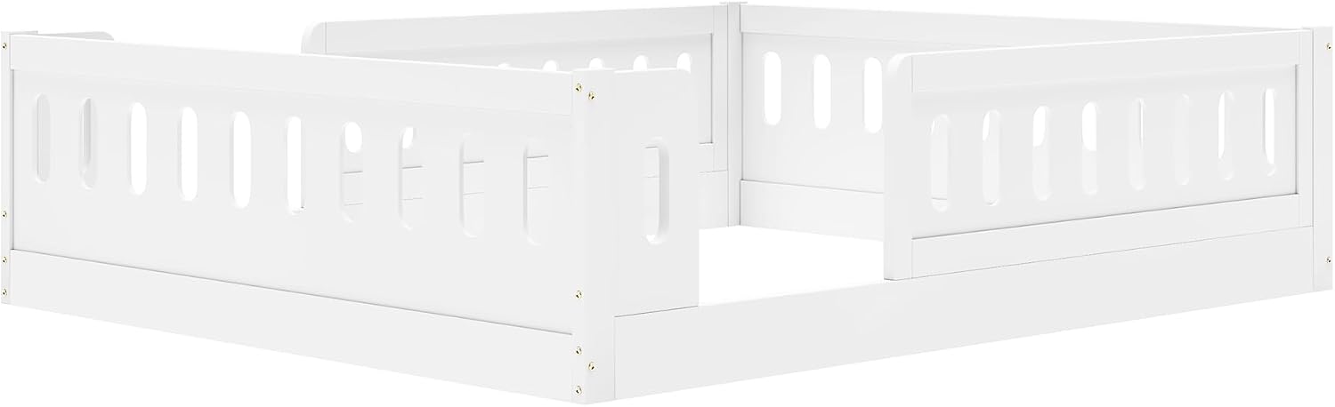 Platform Bed with Guardrails,Wood Floor Bed Frame for Bedroom,No Box Spring Needed (White, Full Size)