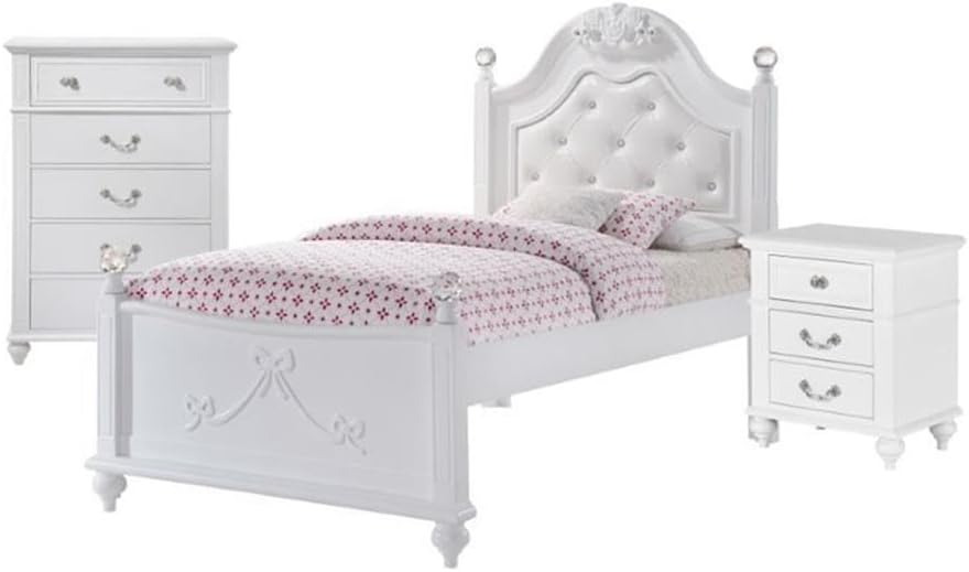 Pemberly Row Contemporary 3 Piece Twin Bedroom Set, Solid Rubber Wood and Engineered Wood with Okume Veneer, White Faux Leather Headboard, Crystal Accents, Button Tufting, White Finish for Bedroom Use