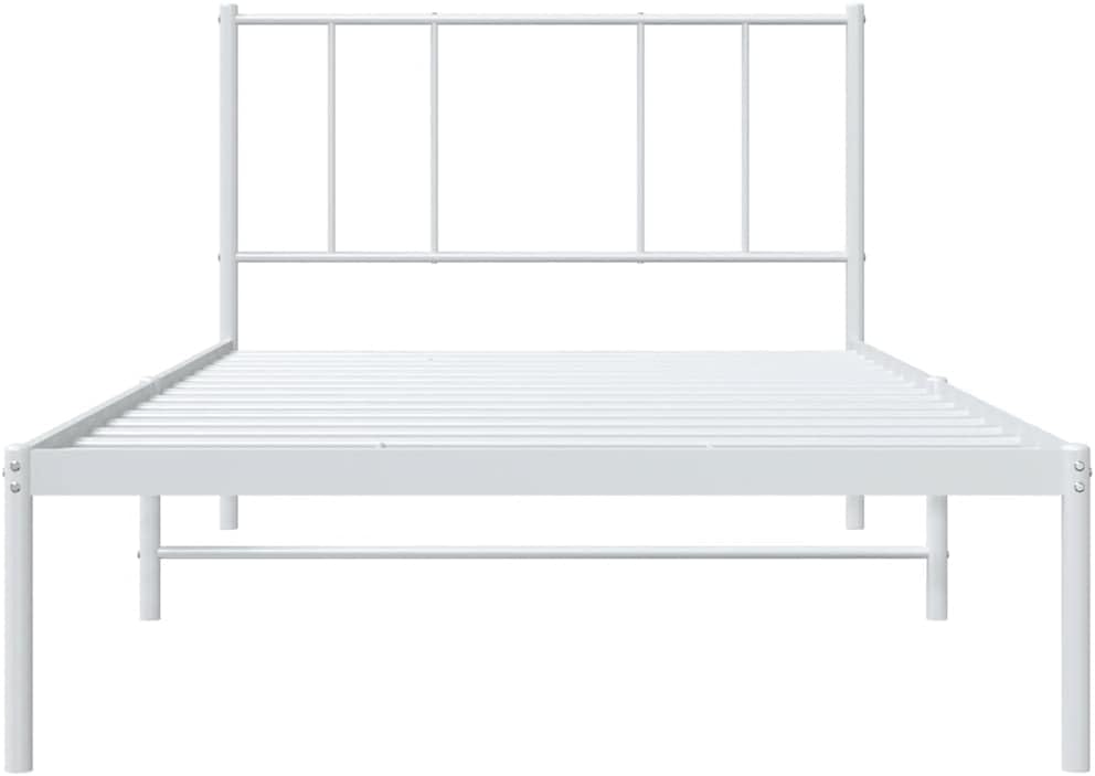 White Powder-Coated Steel Twin Bed Frame with Headboard, Rectangular Design for Single Mattress 39.4x78.7 Inches, Heavy-Duty Metal Structure with Under-Bed Storage, Modern