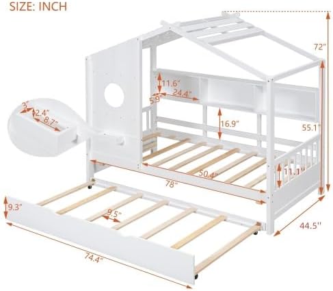 MERITLINE Kids House Bed with Trundle and Storage Shelf, Twin Size Wooden Kids Montessori Bed Frame (White)