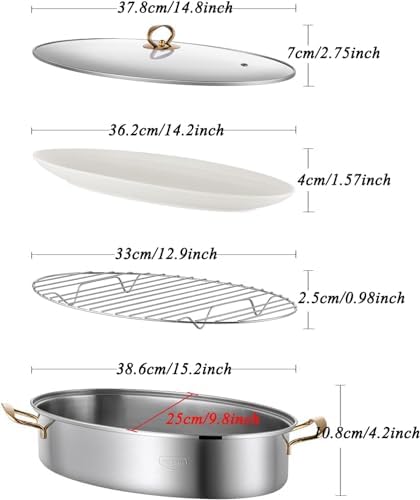 Roasting Pan, Stainless Steel Fish Steamer Elliptical Roasting Pan Multi-Use Oval Pasta Pot Braiser Stockpot with Rack, Induction Compatible Dishwasher/Oven Safe Turkey Roaster(Double Layer)