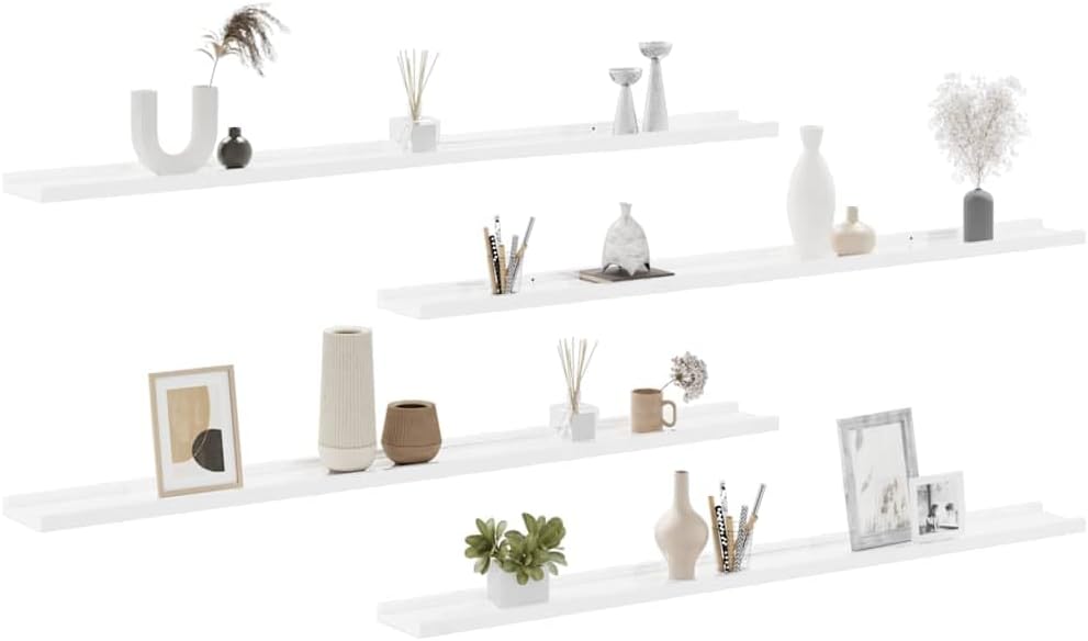 Floating Wall Shelves 4-Pack High Gloss White 45.3'x3.5'x1.2' MDF Display Ledge for Living Room Bedroom Dorm Décor Storage