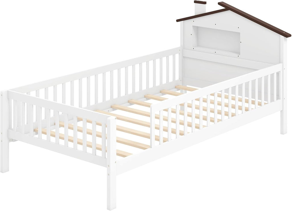 KOMFOTT Twin Bed Frame with Rails & House Shaped Headboard, Solid Wood Platform Bed with Safety Guardrails, Storage Cube & Under-Bed Storage, No Box Spring Needed, Twin Bed with Rails (White)