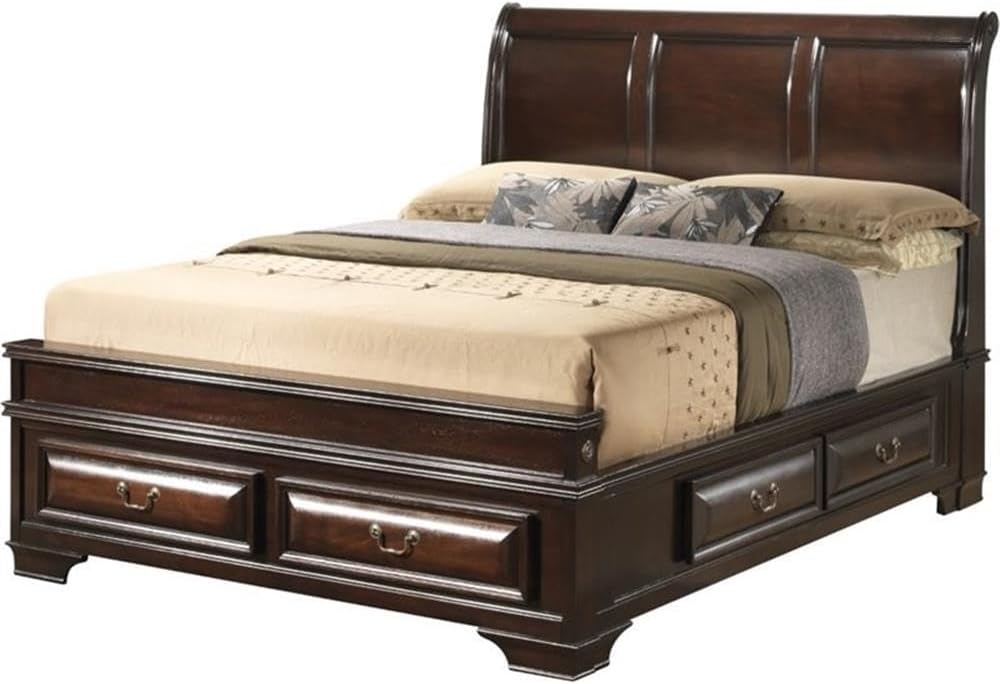 MAKLAINE Transitional Wood Queen Storage Bed, Cappuccino Finish, Solid Wood Veneers, 6 Drawers with Dovetail Joints, Sleigh Headboard, No Box Spring Required, Bedroom Furniture, 54' H x 65' W x 92' D