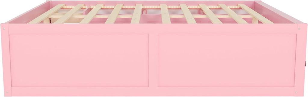 Bellemave Queen Size Kids Bed with Display Cabinet, LED Light and Drawer, Wood Queen Platform Bed with Bookshelf, BedFrames for Kids, Adults, Pink+White