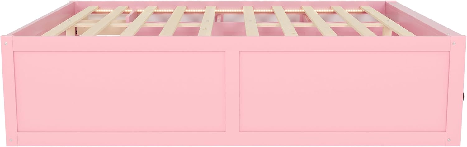 Bellemave Queen Size Kids Bed with Display Cabinet, LED Light and Drawer, Wood Queen Platform Bed with Bookshelf, BedFrames for Kids, Adults, Pink+White