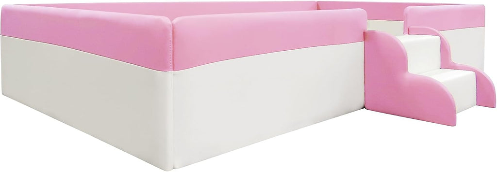 VilroCaz Twin Size Upholstered Daybed Frame with Fence and Stairs, Montessori Kids Floor Bed with Sturdy Slat Support for Kids Boys Girls