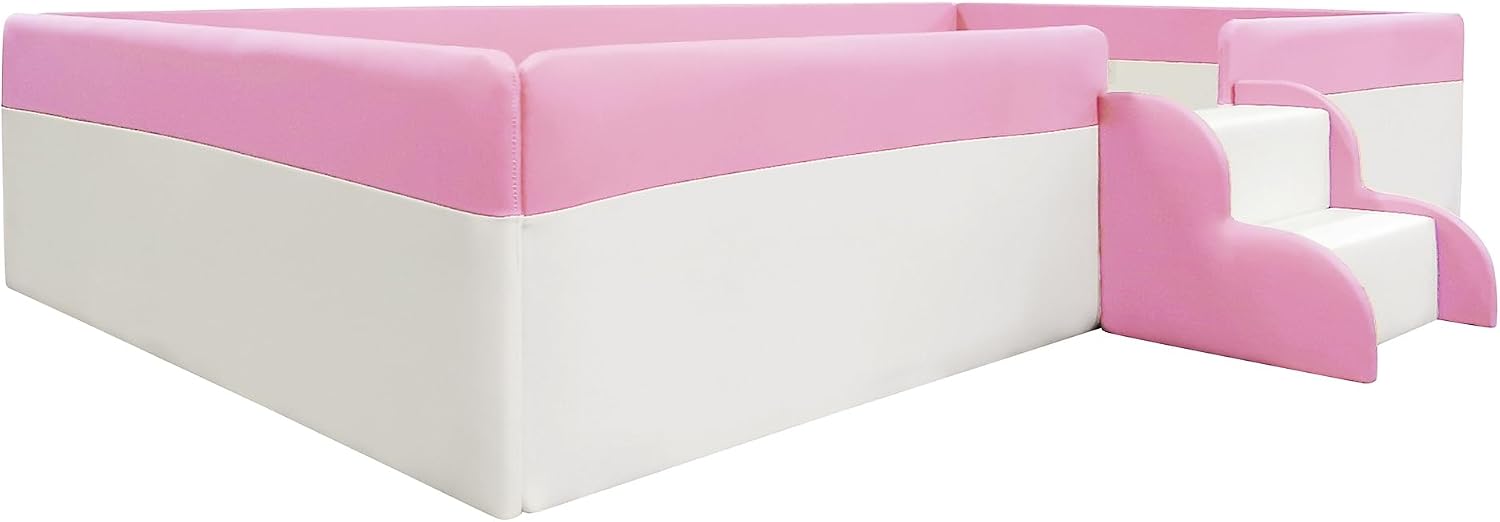 VilroCaz Twin Size Upholstered Daybed Frame with Fence and Stairs, Montessori Kids Floor Bed with Sturdy Slat Support for Kids Boys Girls