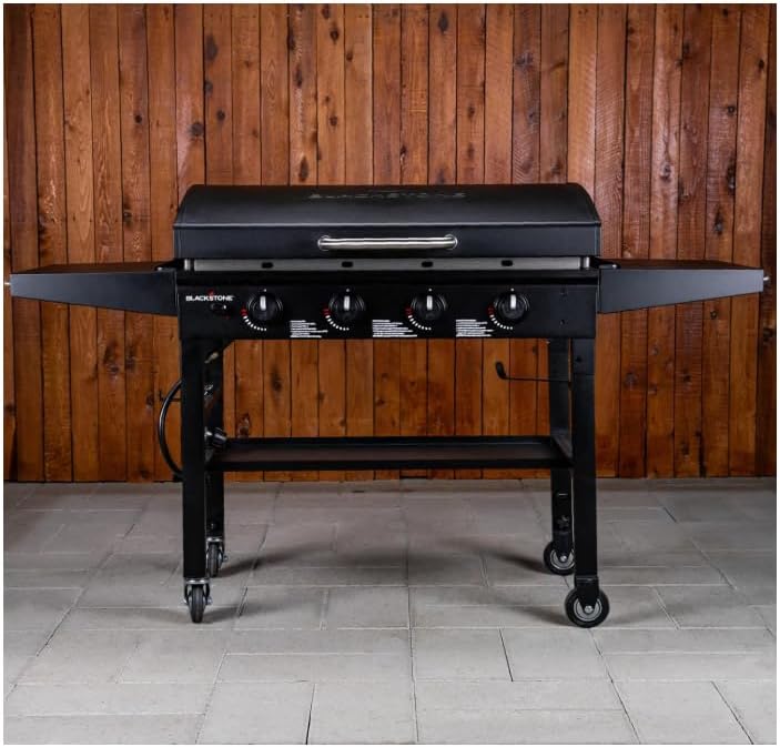 Blackston 36 Inch Gas Griddle with Hood Cooking Station 4 Burner Flat Top Gas Grill Propane Fuelled Restaurant Grade Professional 36' Outdoor Griddle Station with Side Shelf