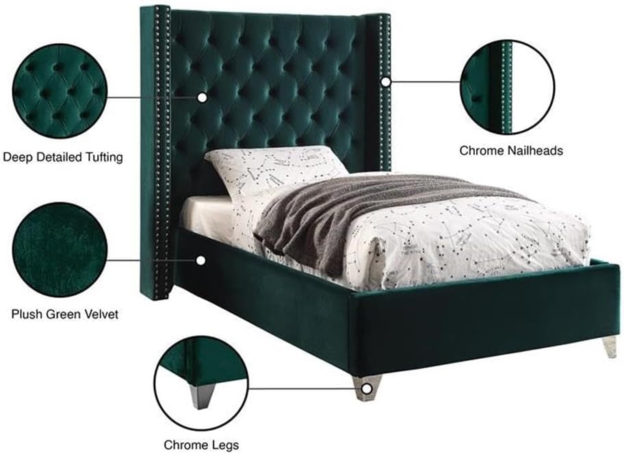 Meridian Furniture Aiden Collection Modern | Contemporary Velvet Upholstered Bed with Deep Button Tufting, Solid Wood Frame, and Custom Chrome Legs, Twin, Green