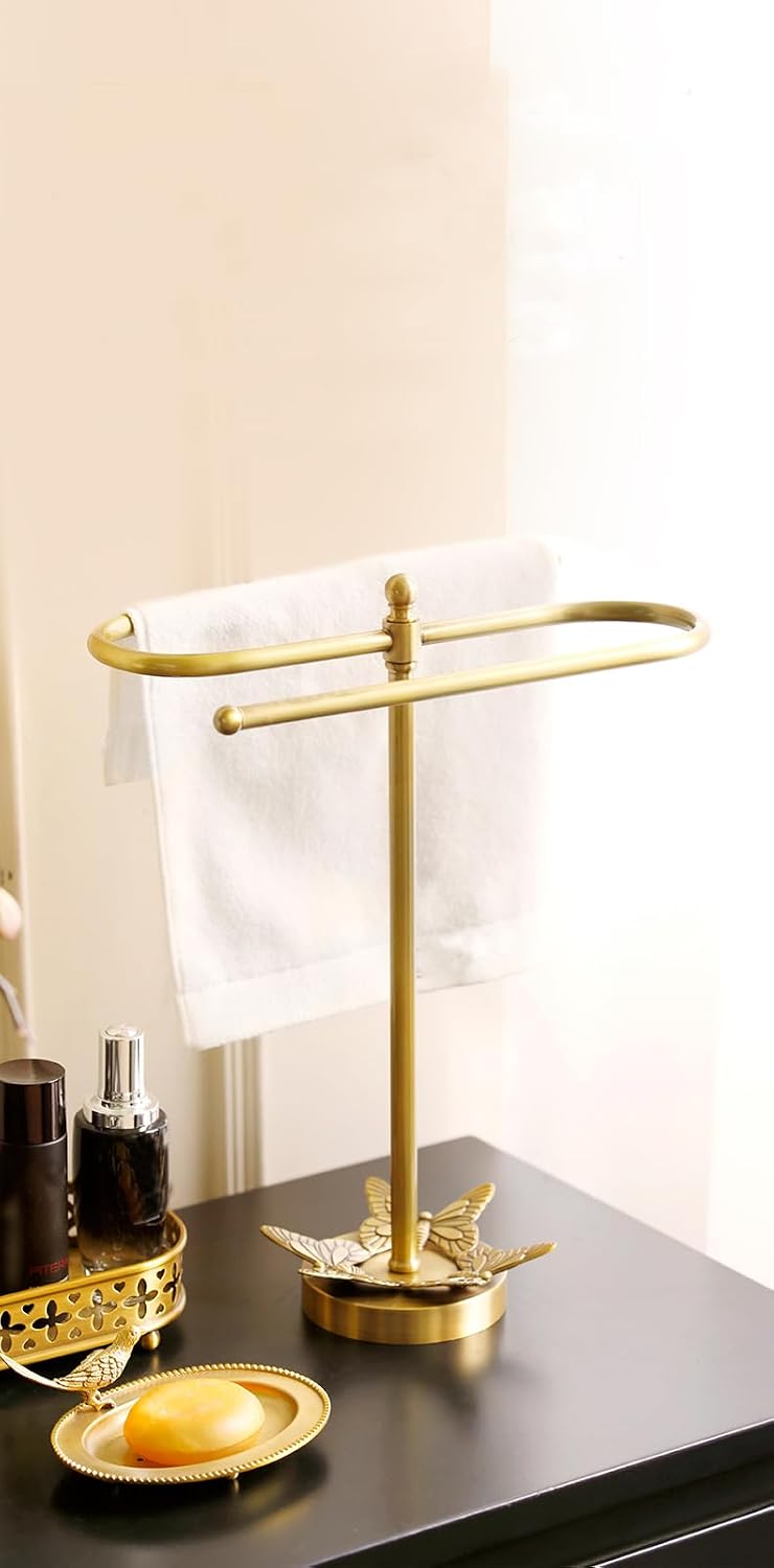 Brass Gold Freestanding Hand Towel Holder for Bathroom Countertop, Decorative Kitchen Towel Holder Stand (C)