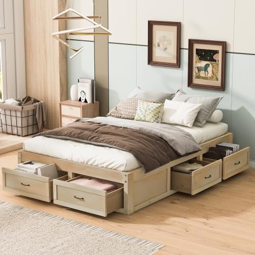 CITYLIGHT Full Size Platform Bed with 6 Drawers, Wooden Full Bed Frame with Storage and Wood Slat Support, Antique Natural