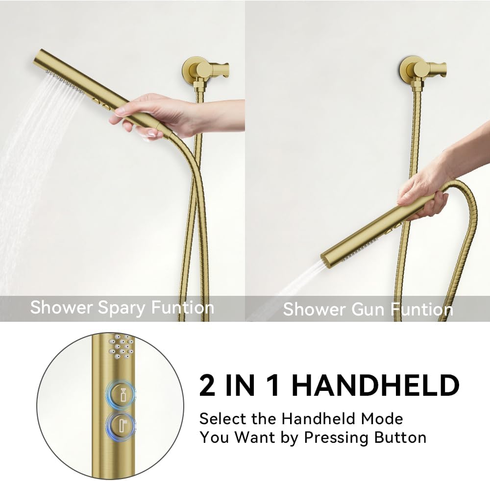 Shower Systems STARBATH 12+6' Round Dual Rainfall Shower Head with Handheld Spray for Two People, Wall Mounted 3 Way Rain Shower Faucet Sets Complete, Included Valve and Trim Kit, Brushed Gold