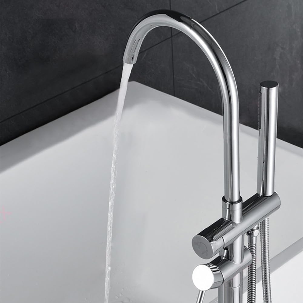 Floor Mount Bathtub Faucet, Freestanding Tub Filler, Standing Swivel Spout Shower Faucets Shower Mixer Taps with Cylinder Handheld Shower (Chrome, With Embedded Box)