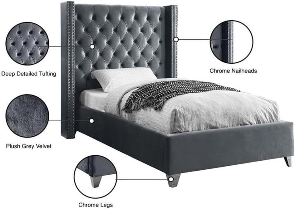 Meridian Furniture Aiden Collection Modern | Contemporary Velvet Upholstered Bed with Deep Button Tufting, Solid Wood Frame, and Custom Chrome Legs, Twin, Grey
