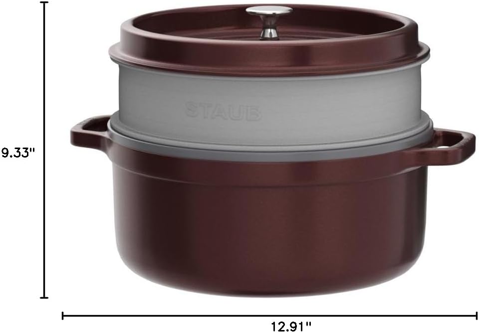 Staub 1133887 Cast Iron Roaster/Cocotte, With Steam Insert, Round 26 cm, 5.2 L, With Matte Black Enamel Inside the Pot, Grenadine