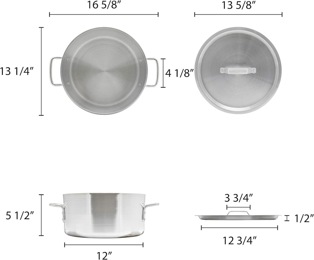 TrueCraftware-12 qt. Aluminum Brazier Pot with Cover 6mm Thickness- Heavy Weight Cookware Braiser Pan Braising Pan Perfect Roasting Baking Sauteing Searing and Pan Frying Mirror-Finished