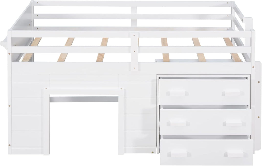Ball & Cast Twin Size Low Loft Bed with Safety Guardrail & Stair,Wooden Bedframe W/Cabinet & Shelf,Solid Construction,No Spring Box Needed,Furniture Set for Boys Girls Keens Study Bedroom,White