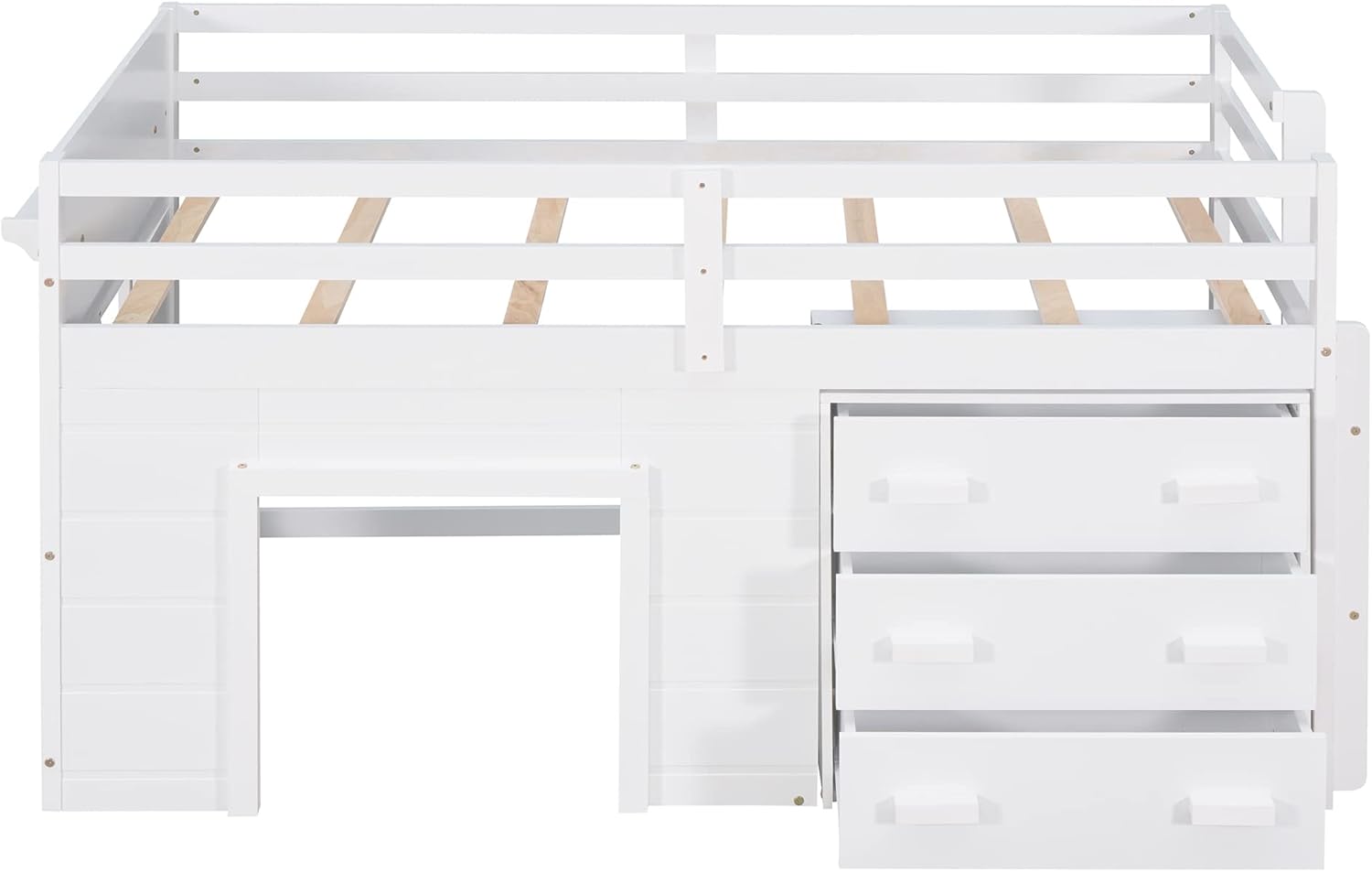 Ball & Cast Twin Size Low Loft Bed with Safety Guardrail & Stair,Wooden Bedframe W/Cabinet & Shelf,Solid Construction,No Spring Box Needed,Furniture Set for Boys Girls Keens Study Bedroom,White