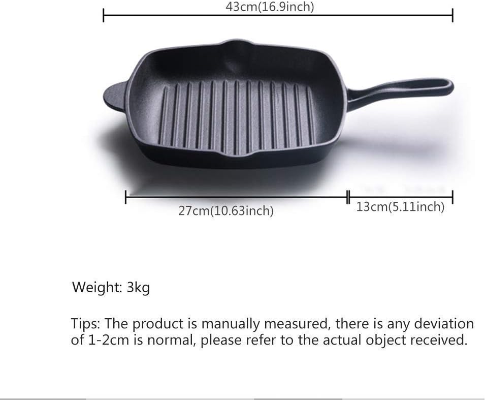 Cast Iron Square Grill Pan Square Skillet/Fat-Free Fryer for Gas, Induction & Electric Hobs Fry Steak BBQ Frying Griddle Pan,Black Frying Pan