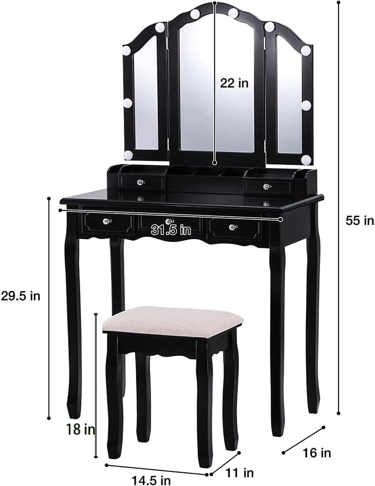 BLEXA Makeup Table Set Desk&Stool, Vanity Desk with Lights and Mirror Vanity Table Set with 5 Drawers, 3Light Settings Adjustable Brightness for Bedroom Dorm and Dressingroom(Black)