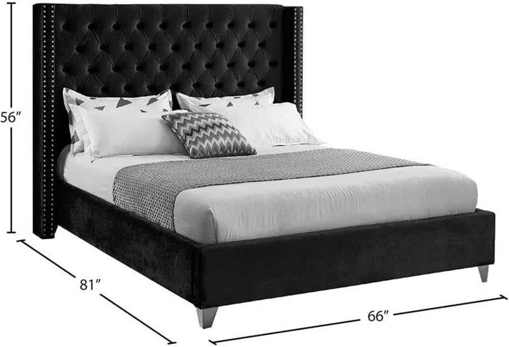 Meridian Furniture Aiden Collection Modern | Contemporary Velvet Upholstered Bed with Deep Button Tufting, Solid Wood Frame, and Custom Chrome Legs, Full, Black