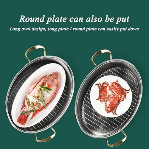 Roasting Pan, Stainless Steel Fish Steamer Elliptical Roasting Pan Multi-Use Oval Pasta Pot Braiser Stockpot with Rack, Induction Compatible Dishwasher/Oven Safe Turkey Roaster(Double Layer)