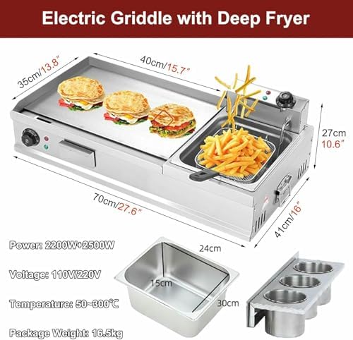 Extra Large Commercial Electric Griddles with Fryer, Stainless Steel Countertop Grill with Seasoning Rack for Cooking Pizza and More