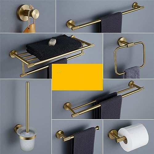 Brushed Gold Bathroom Accessories Set - Knurled Brass Towel Bar, Ring, Robe Hook, Toilet Brush Holder, Paper Holder & Shelf - Stylish Home Decor Essentials