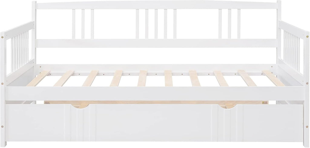 Merax Daybed with Trundle Bed Wooden Slats Support Modern Living Daybed with Rails, Twin Size, White