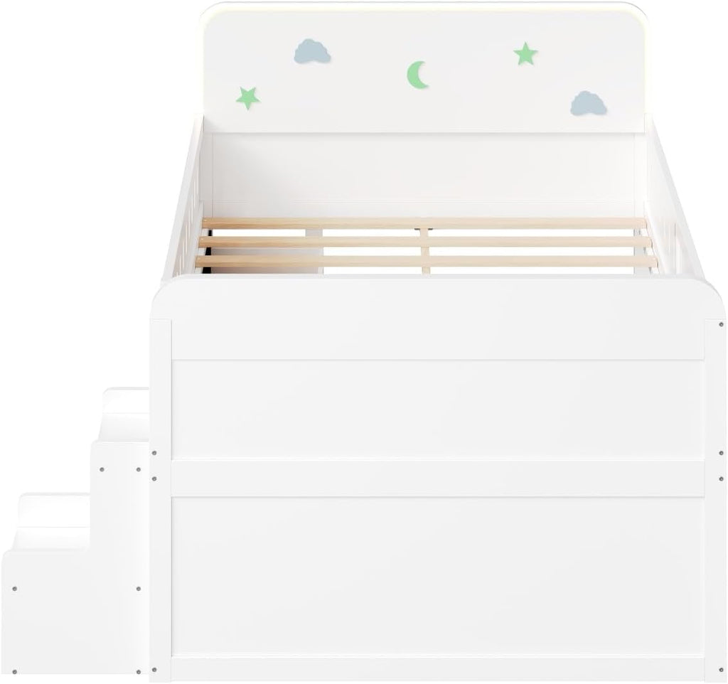 VilroCaz Full Size Platform Bed with Guardrail and 4 Drawers, Wooden Kids Platform Bed Frame with Two-Step Staircases and Light Strip for Boys Girls, Sturdy Slats Support (White-11A)