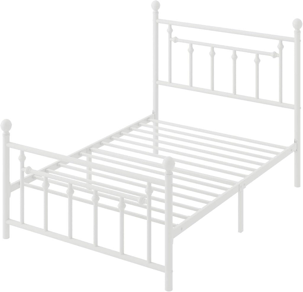 SHA CERLIN 14' Twin Size Metal Platform Bed Frame/Victorian Headboard and Footboard/Steel Slats Mattress Foundation for Storage/No Box Spring Needed/Noise Free/White