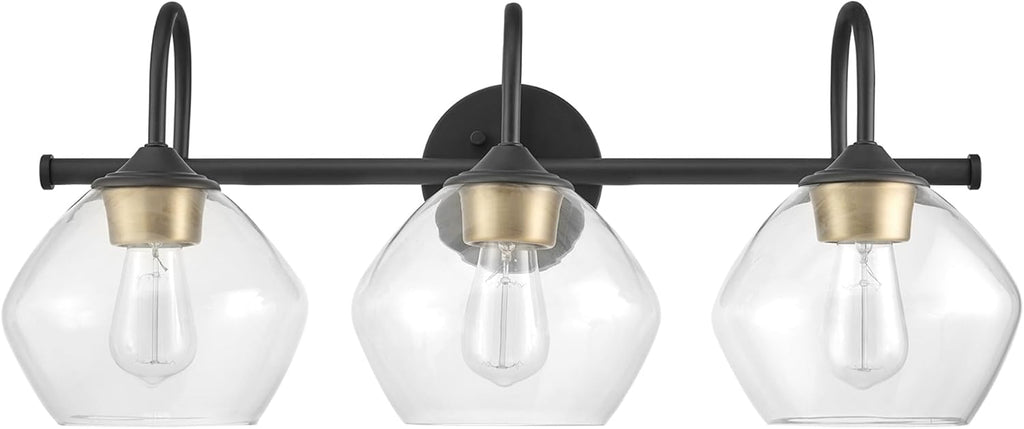 Globe Electric 51853 3-Light Vanity Light, Dark Bronze, Antique Brass Accents, Clear Glass Shade, Beauty Room Accessories, Bathroom Lights Over Mirror, Makeup Mirror Lights, Bulb Not Included