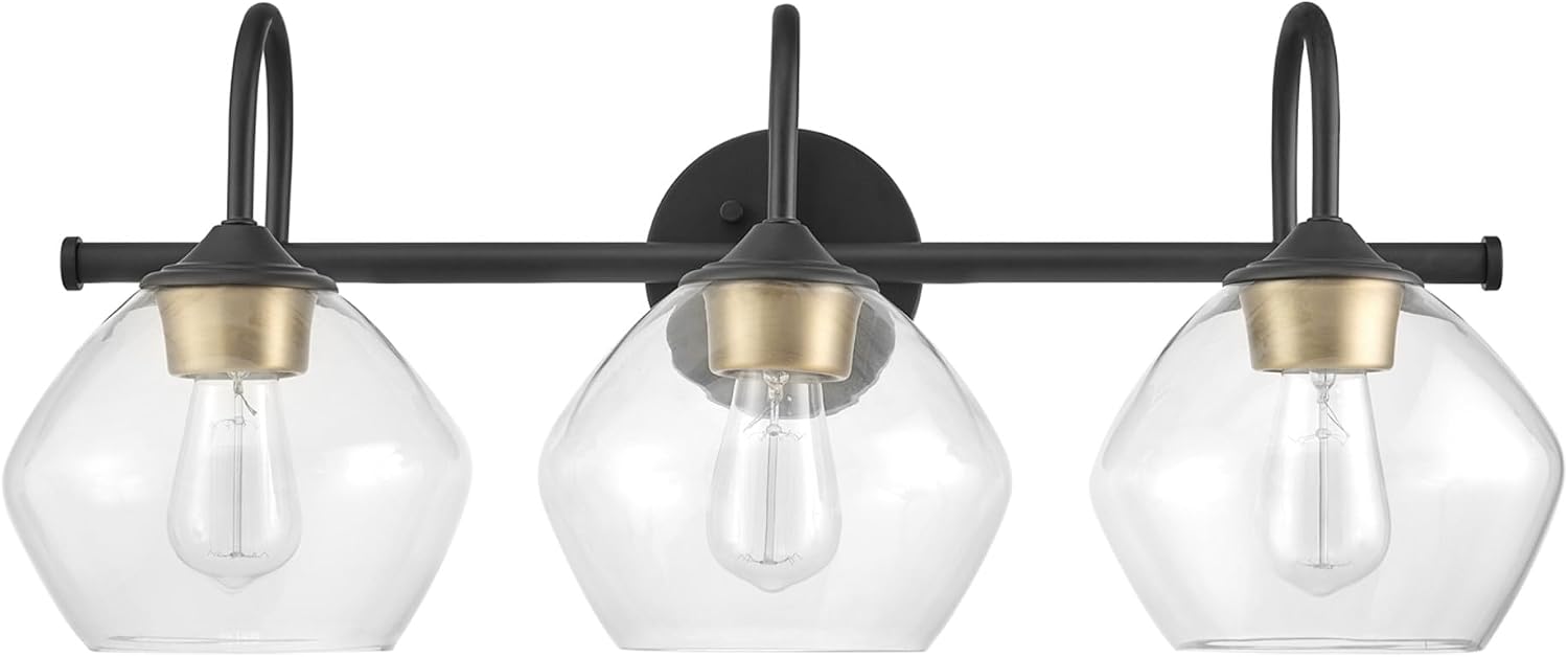 Globe Electric 51853 3-Light Vanity Light, Dark Bronze, Antique Brass Accents, Clear Glass Shade, Beauty Room Accessories, Bathroom Lights Over Mirror, Makeup Mirror Lights, Bulb Not Included