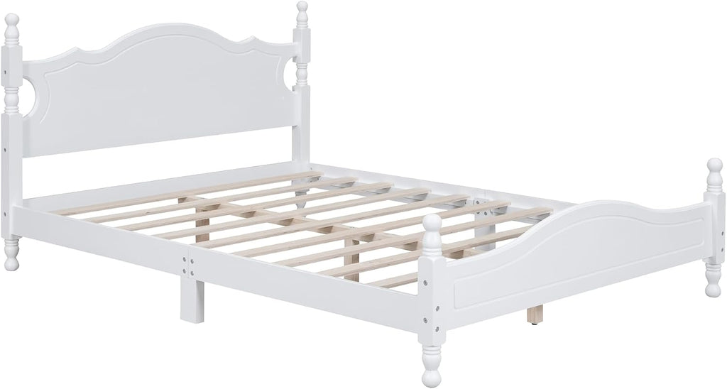 LUMISOL Wood Bed Frame Queen Size with Classic Headboard, Retro Style Wooden Bed Frame with Wood Slat Support for Bedroom, White