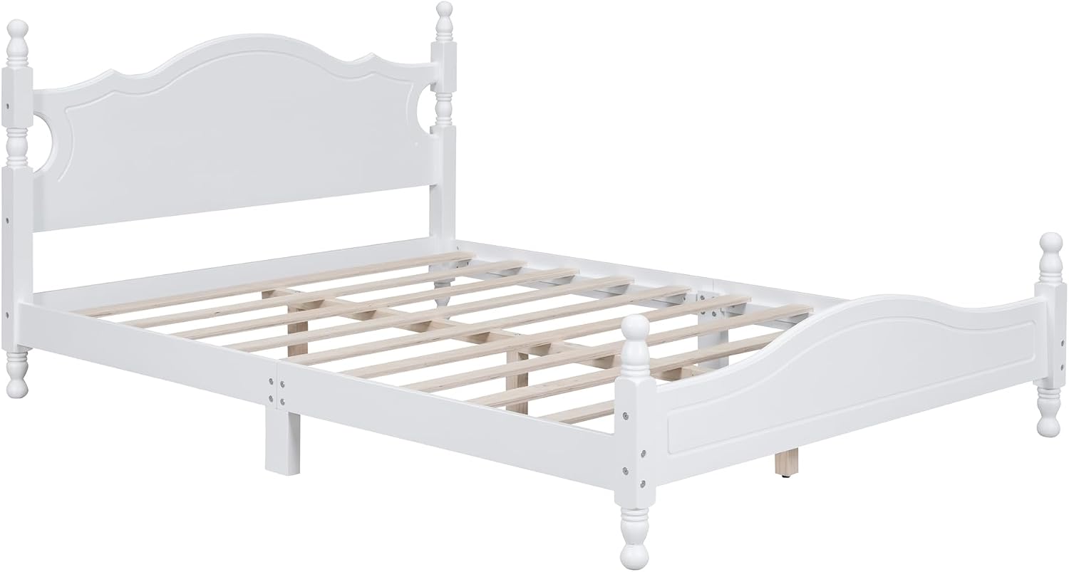 LUMISOL Wood Bed Frame Queen Size with Classic Headboard, Retro Style Wooden Bed Frame with Wood Slat Support for Bedroom, White