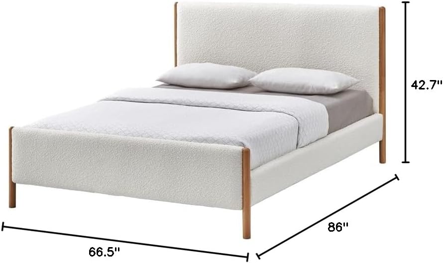 Liana Modern Style Upholstered Platform Bed with Soft Boucle Fabric and Solid Wood Legs - Box Spring Not Required - White Boucle, Queen Size