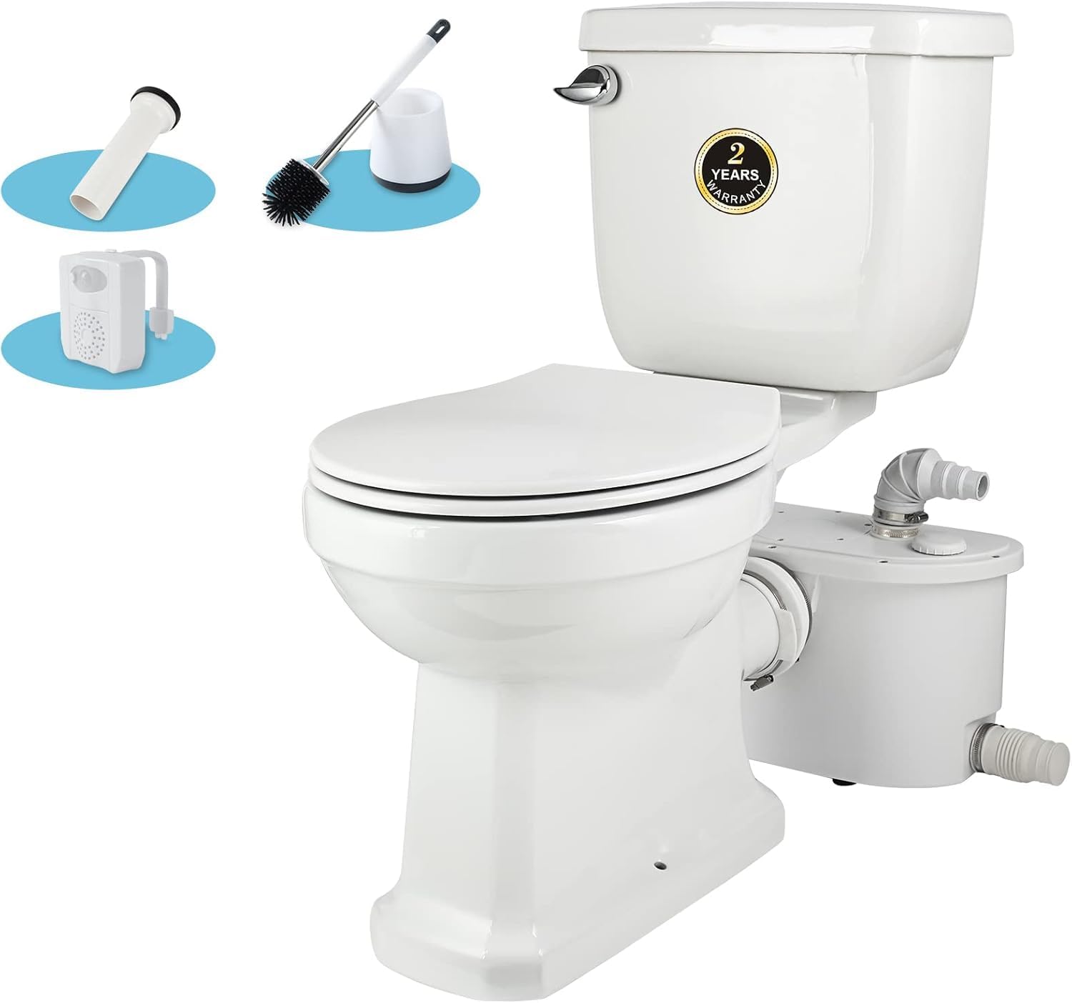Macerating Toilet with 500W Pump, Two Piece Toilet with Extension Pipe,Elongated Bowl, Toilet Tank with Front Flush Valves, 3 Water Inlets Connect Full Bathroom, Sink, Toilet, Water Disposal