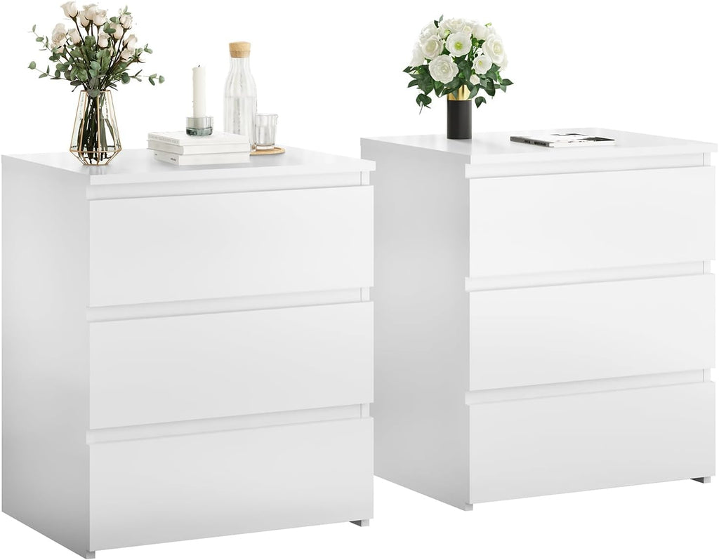 3-Drawer Nightstand & Side Storage Table, Minimalist Modern White Bedside End Tables with Ample Storage, Versatile Wooden Chest of Drawers for Bedroom, Living Room, Offices (Set of 2)
