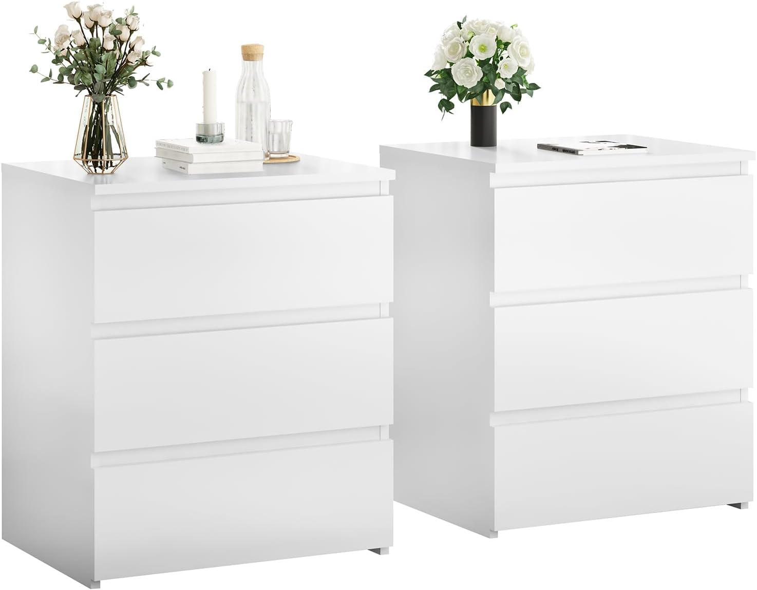 3-Drawer Nightstand & Side Storage Table, Minimalist Modern White Bedside End Tables with Ample Storage, Versatile Wooden Chest of Drawers for Bedroom, Living Room, Offices (Set of 2)