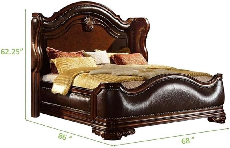 Pemberly Row Traditional Queen Bedroom Set, 4-Piece Wood Construction, Dark Walnut Finish, Upholstered Wing Headboard, Felt-Lined Drawers, Marble Tops, Beveled Mirror, Perfect for Elegant