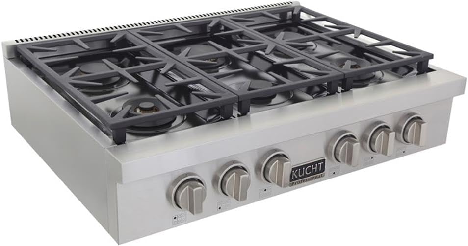 Pemberly Row 36 in Propane Gas Cooktop, Stainless Steel w/Silver Knobs, 6-Burner Range Top w/Auto Reignition, Cast-Iron Grates, Reversible Grill/Griddle, Professional Kitchen Appliance