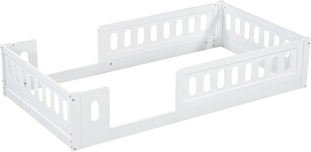 Platform Bed with Guardrail,Wood Floor Bed Frame for Bedroom,No Slat,No Box Spring Needed (White, Twin)