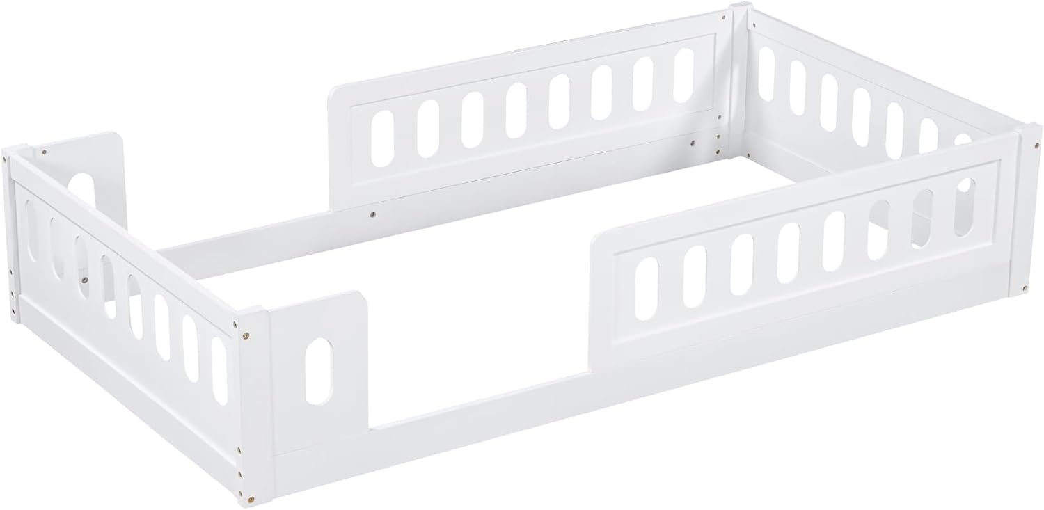 Platform Bed with Guardrail,Wood Floor Bed Frame for Bedroom,No Slat,No Box Spring Needed (White, Twin)