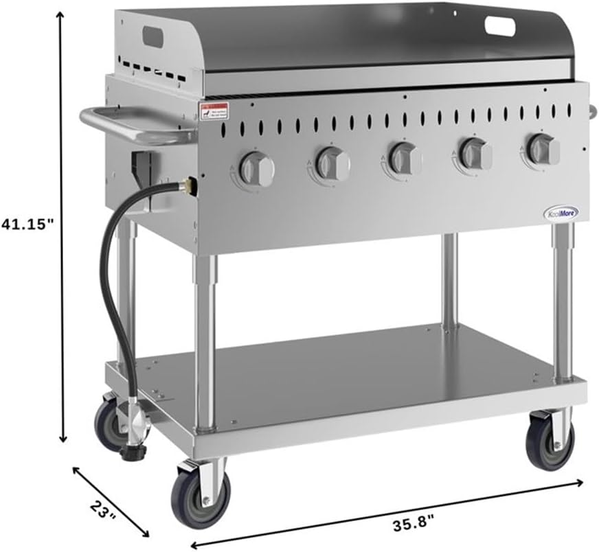 Pemberly Row 36-Inch Stainless Steel Commercial Gas Grill with Griddle, 5-Burner Propane BBQ, 688 Sq. In. Cooking Area, Durable Carbon Steel Griddle Plate, Mobile Design for Outdoor Cooking