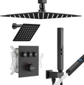 Thermostatic Shower System Matte Black Push Button Shower Faucet Set,12' Ceiling Rainfall and 6' Wall Mount Rain Shower with 2 in 1 Handhled, Can Use All at Once, Shower Set with Valve and Trim Kit